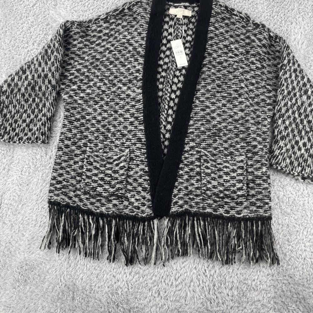 LOFT Open Front Cardigan S Shawl Sweater Gray‎ Black Fringe Wool Blend